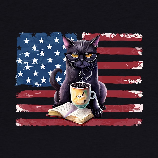 Black cat reading books 4th of july vintage by hnmarart